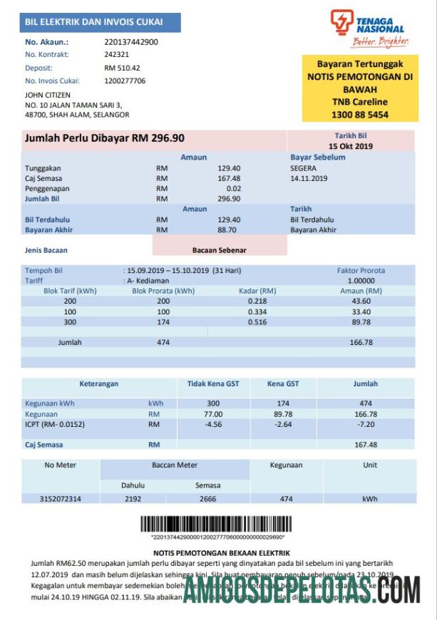 Dapat Diedit Malaysia Tenaga Nasional Listrik Tagihan Tagihan templat in Word and PDF format