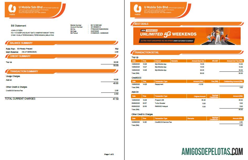 Dapat Diedit Malaysia U Mobile Tagihan Tagihan templat in Word and PDF format, 2 pages, versi 2