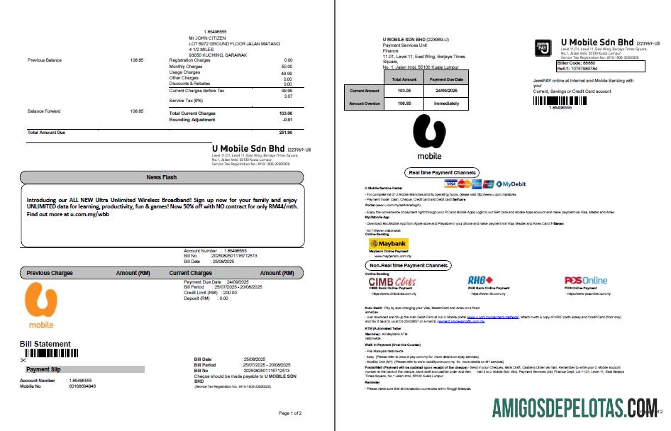 Realistis Malaysia U Mobile Tagihan Tagihan templat in Word and PDF format, 2 pages