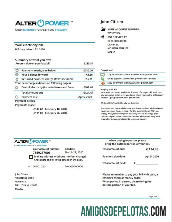 Berkualitas Malta AlterPower Malta proof of address Tagihan Tagihan templat in Word and PDF format