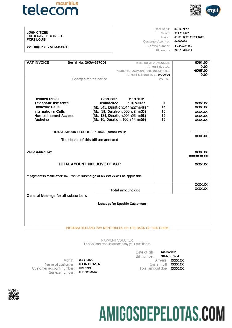 Dapat Diedit Mauritius Telecom Mauritius Tagihan Tagihan templat in Word and PDF format