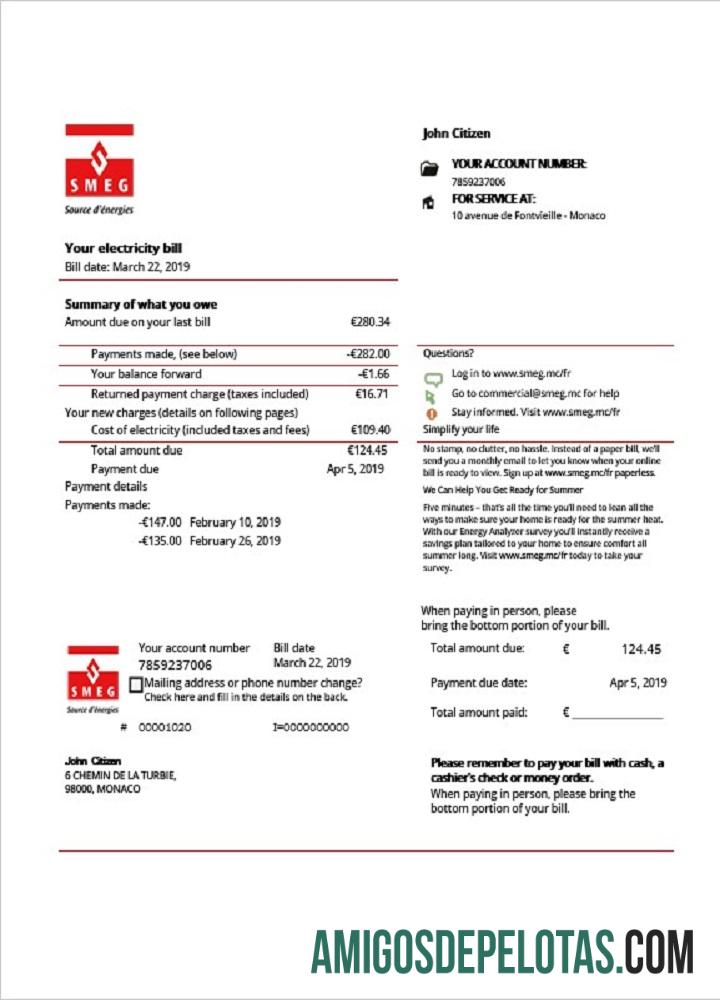 Realistis Monako SMEG Listrik Tagihan Tagihan templat in Word and PDF format