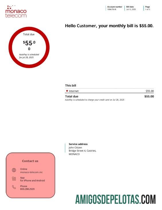 Monako telecom internet Tagihan Tagihan, 3 pages templat