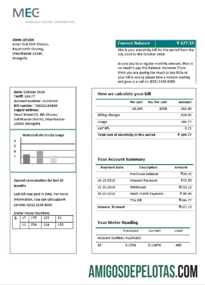 Dapat Diedit Mongolia Energy Corporation (MEC) Listrik Tagihan Tagihan templat in Word and PDF format
