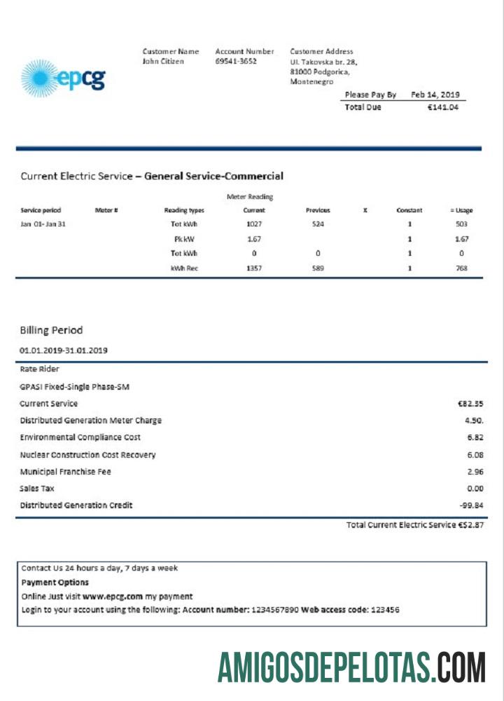 Realistis Montenegro Elektroprivreda Crne Gore (EPCG) Listrik Tagihan Tagihan templat in Word and PDF format