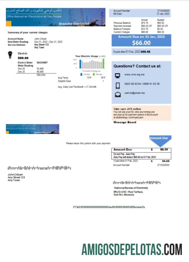 Premium Maroko nasional Bureau of Listrik Tagihan Tagihan Word and PDF templat