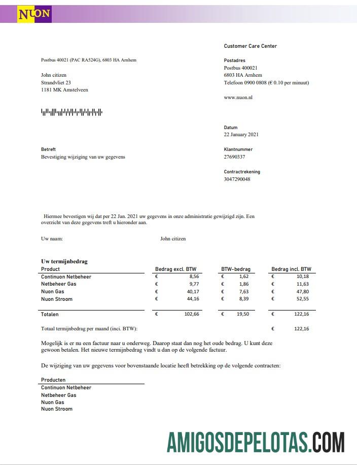 Berkualitas Belanda NUON Gas Tagihan Tagihan templat in Word and PDF format in Dutch language