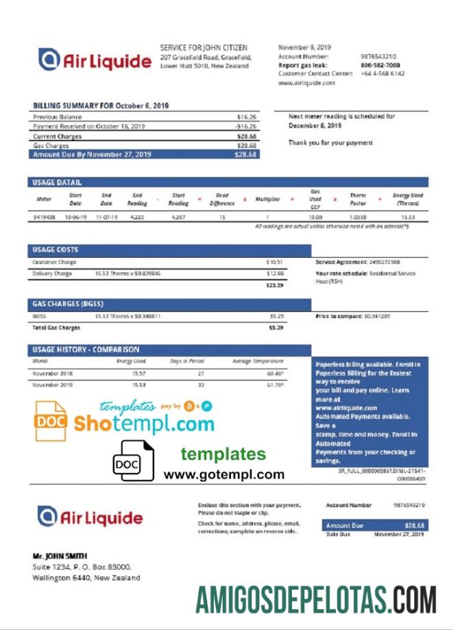 Realistis Selandia Baru Air Liquide Gas Tagihan Tagihan templat in Word and PDF format