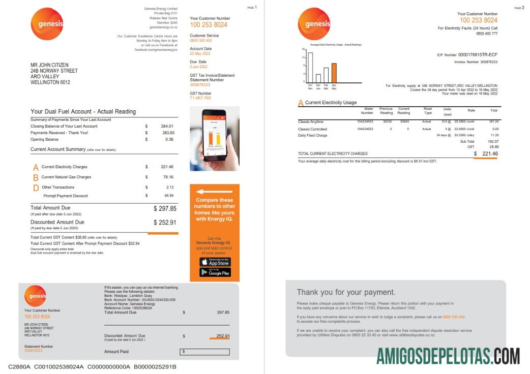 Berkualitas Selandia Baru Genesis Gas Tagihan Tagihan templat in Word and PDF format, 3 pages 1