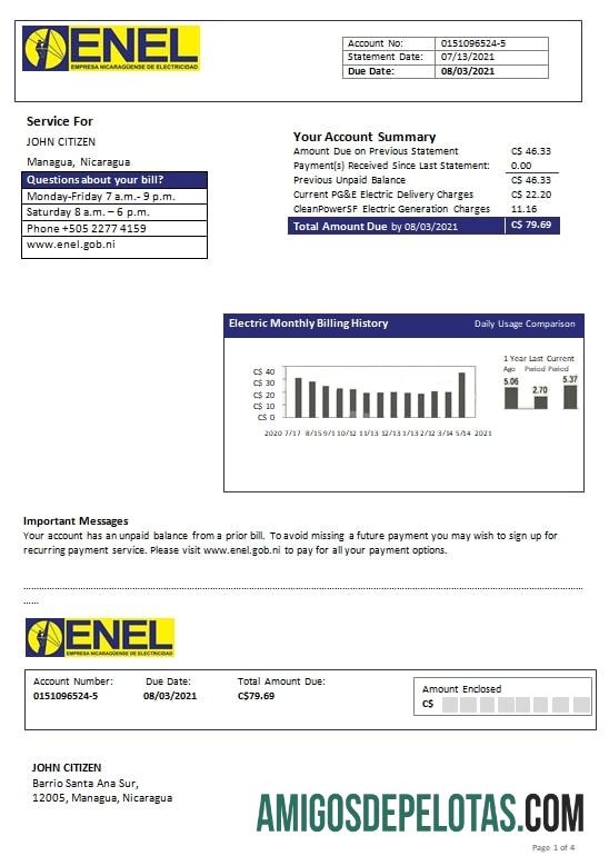 Profesional Nikaragua Nicaraguan Listrik Perusahaan ENEL Listrik Tagihan Tagihan templat in Word and PDF format