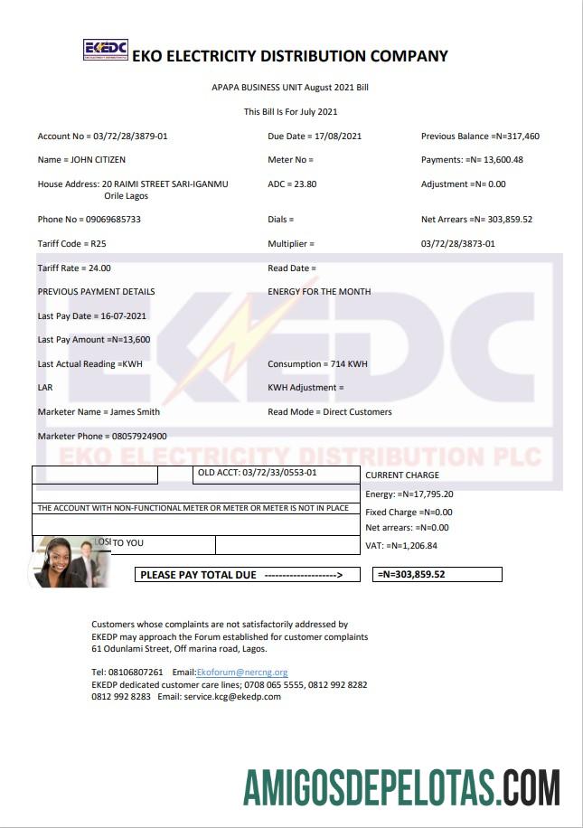Dapat Diedit Nigeria Eko Listrik Distribution Perusahaan (EKEDC) Tagihan Tagihan templat in Word and PDF format