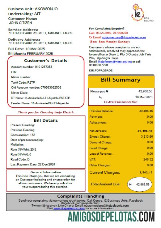 Berkualitas Nigeria IKEJA Electric Tagihan Tagihan templat in Word and PDF format