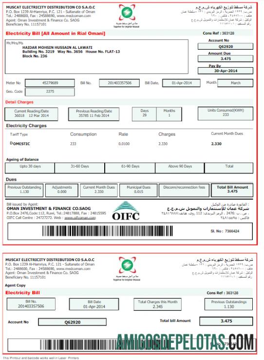 Dapat Diedit Oman MUSCAT Listrik Tagihan Tagihan Word and PDF templat