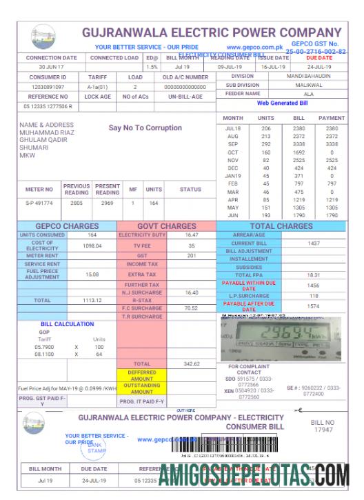 Berkualitas Pakistan GUJRANWALA ELECTRICPOWER Tagihan Tagihan Word and PDF templat