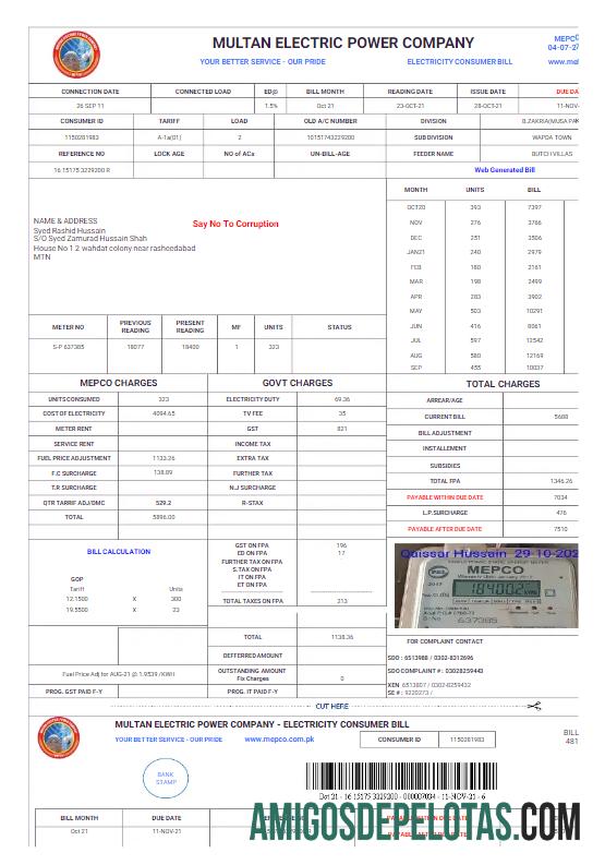 Berkualitas Pakistan MULTAN ELECTRIC POWER Tagihan Tagihan Word and PDF templat