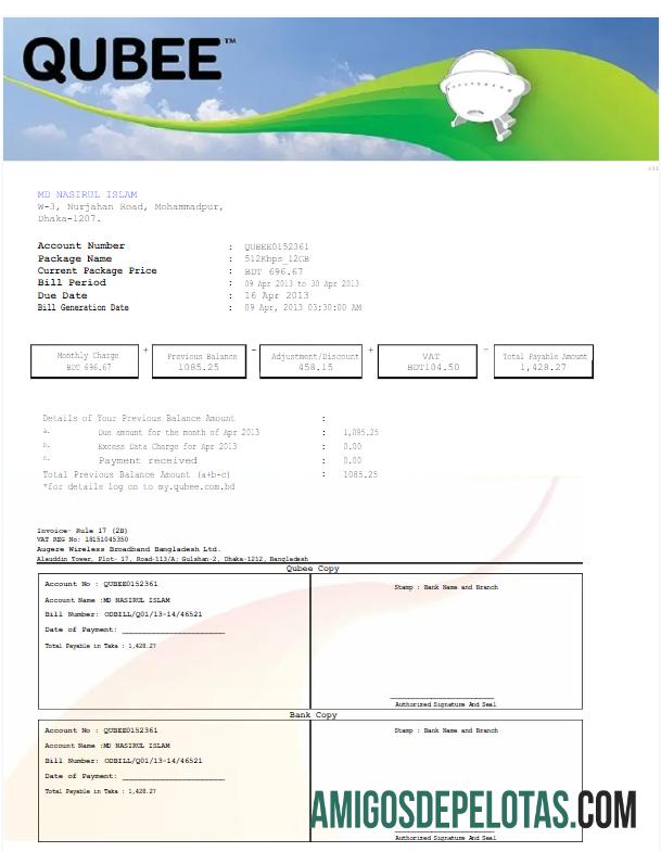 Premium Pakistan QUBEE Tagihan Tagihan Word and PDF templat