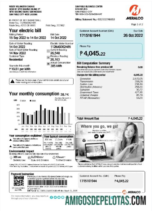 Berkualitas Filipina MERALCO Tagihan Tagihan Word and PDF templat