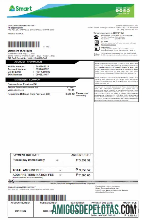 Berkualitas Filipina SMART Tagihan Tagihan Word and PDF templat
