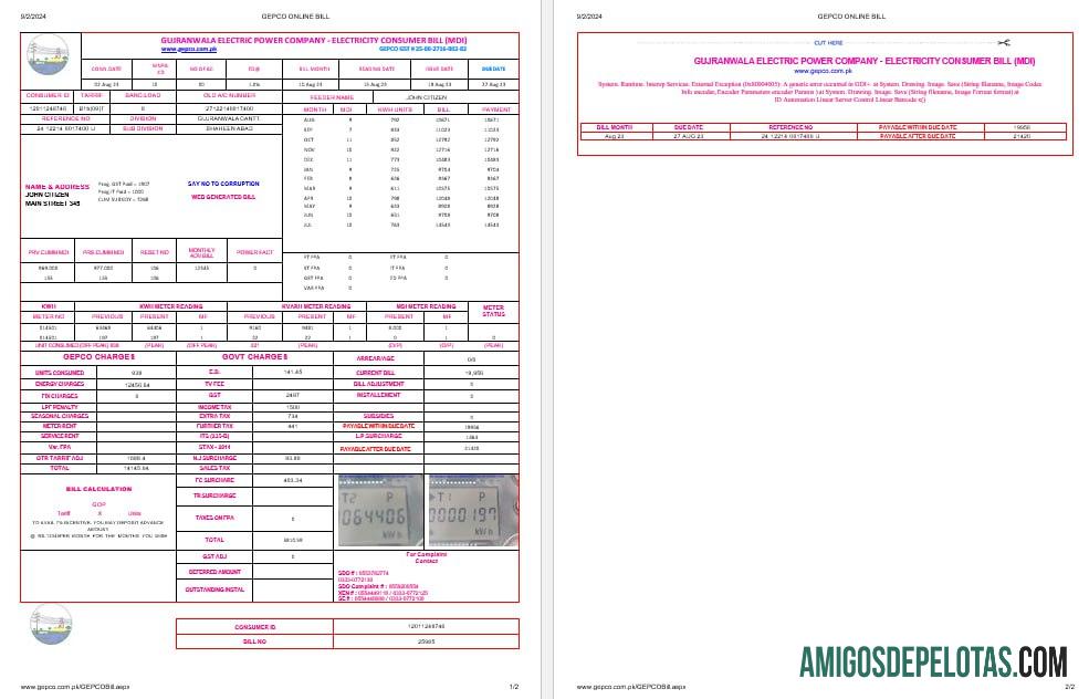 Pakistan Gujanwala electric power Perusahaan Listrik Tagihan bil Word and PDF format, 2 pages pratinjau