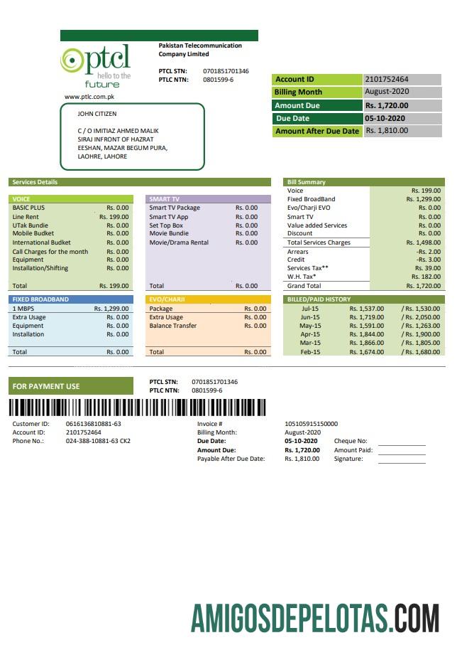 Premium Pakistan PTCL Tagihan Tagihan templat in Word and PDF format