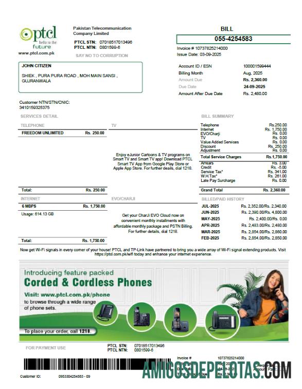 Berkualitas Pakistan PTCL Tagihan Tagihan templat in Word and PDF format