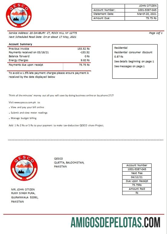 Dapat Diedit Pakistan Quetta Electric Supply Perusahaan Listrik Tagihan Tagihan templat in Word and PDF format