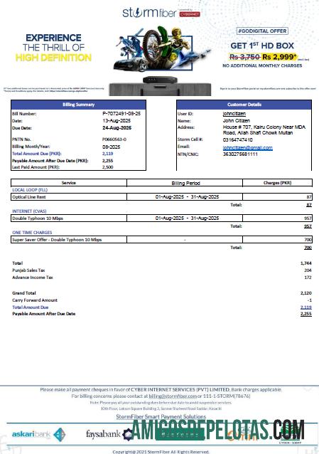 Berkualitas Pakistan StormFiber Tagihan Tagihan templat in Word and PDF format