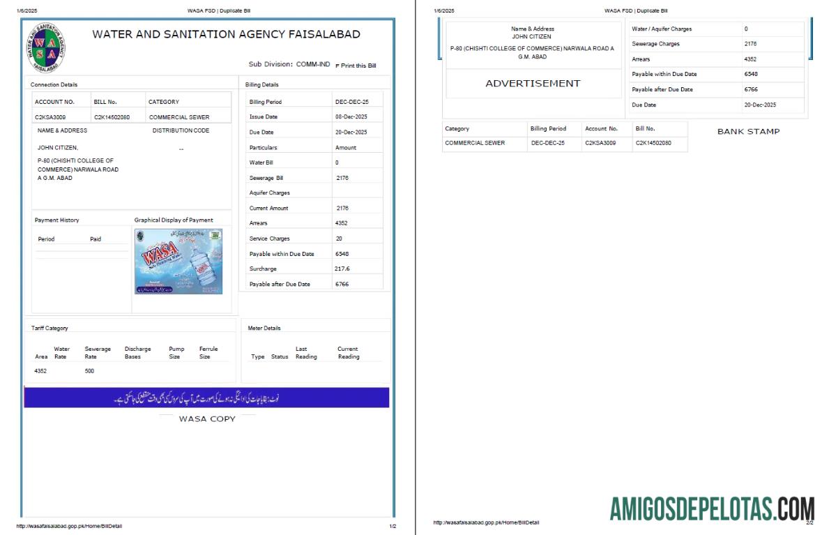 Berkualitas Pakistan WASA Tagihan Tagihan templat in Word and PDF format, 2 pages