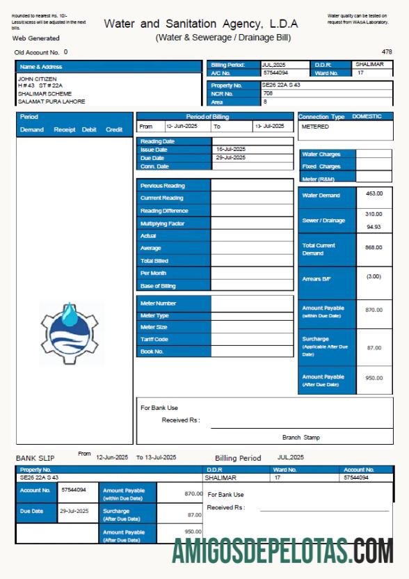 Realistis Pakistan WASA Tagihan Tagihan templat in Word and PDF format, versi 2