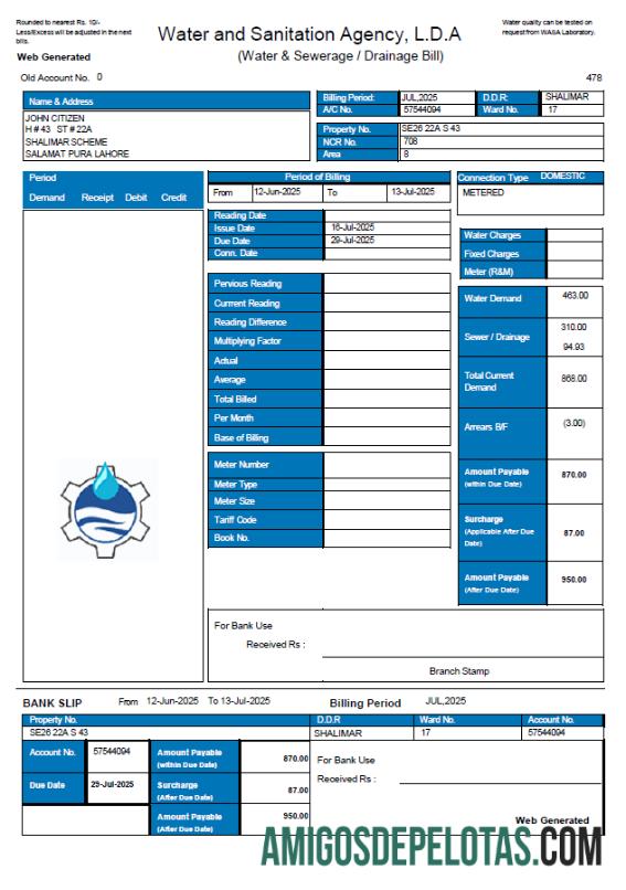 Berkualitas Pakistan Air and Sanitation agensi (LDA) Tagihan Tagihan templat in Word and PDF format