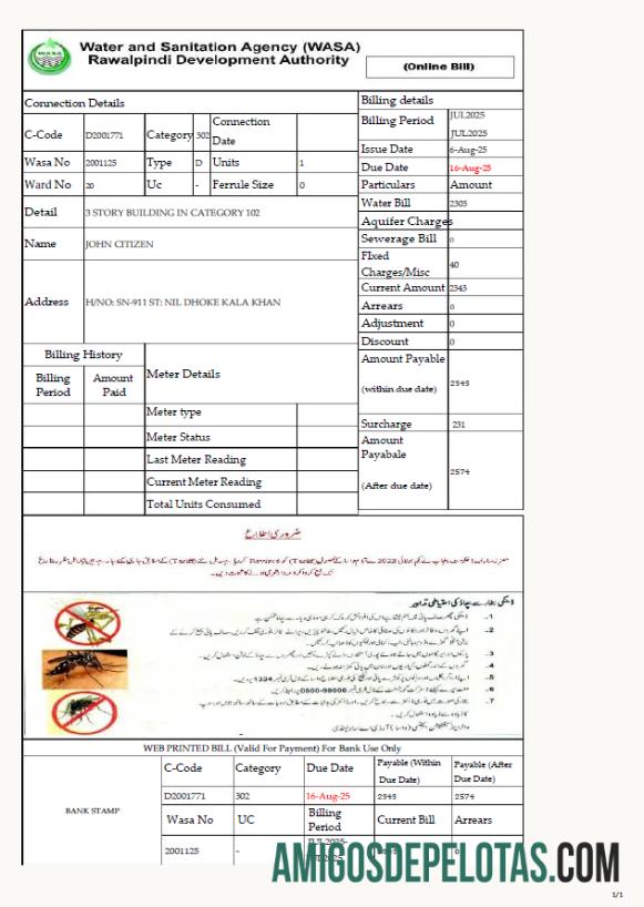 Realistis Pakistan Air and Sanitation agensi Rawalpindi Development Authority Tagihan Tagihan templat in Word and PDF format