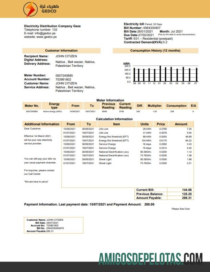 Premium Palestina Listrik Distribution Perusahaan Gaza (GEDCO) Tagihan Tagihan templat in Word and PDF format