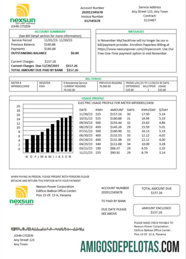 Realistis Panama Nexsun Power Corporation Listrik Tagihan Tagihan Word and PDF templat