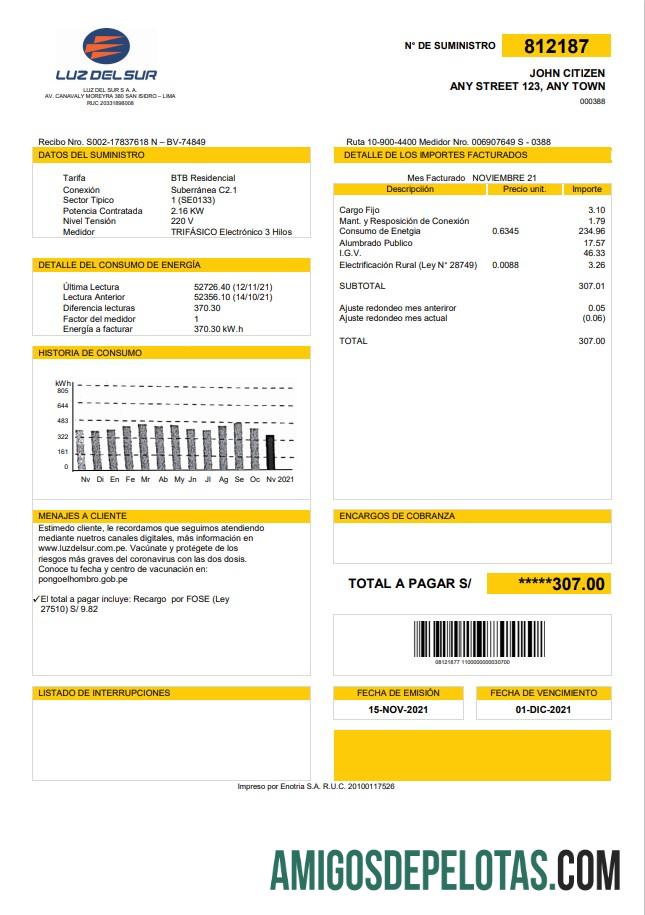 Berkualitas Peru Luz de Sur Tagihan Tagihan templat in Word and PDF format, fully Dapat Diedit