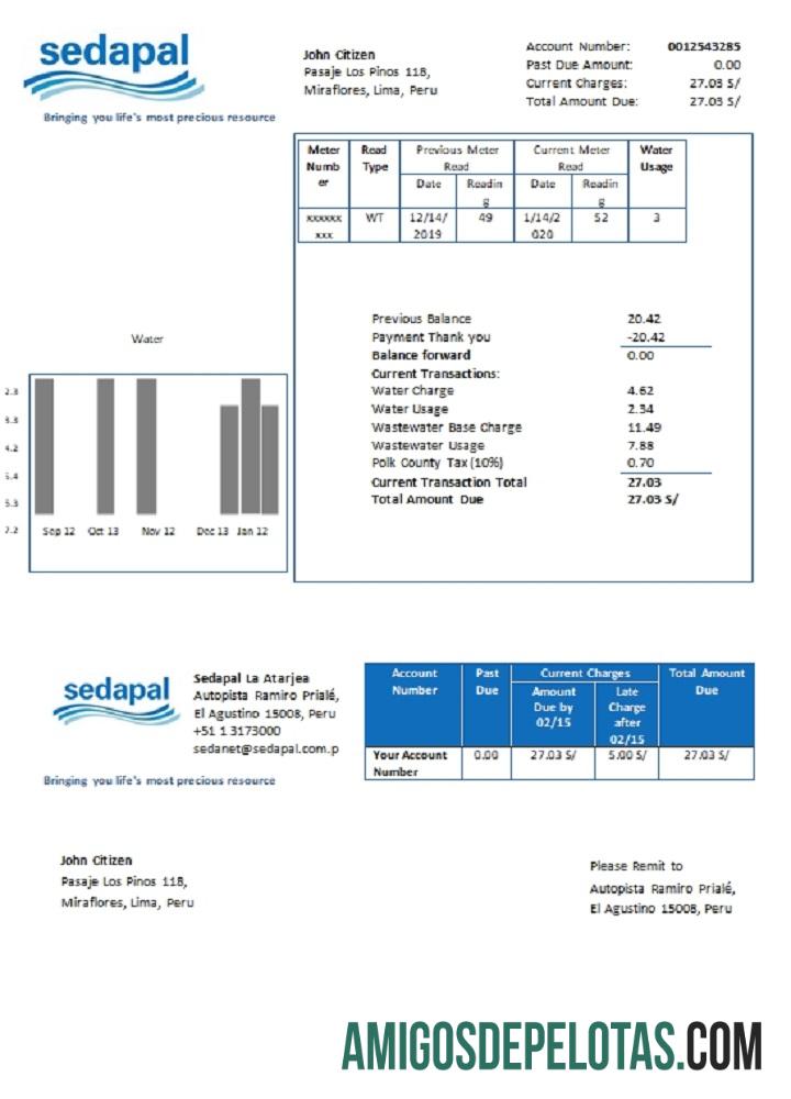 Profesional Peru Sedapal La Atarjea Air Tagihan Tagihan templat in Word and PDF format