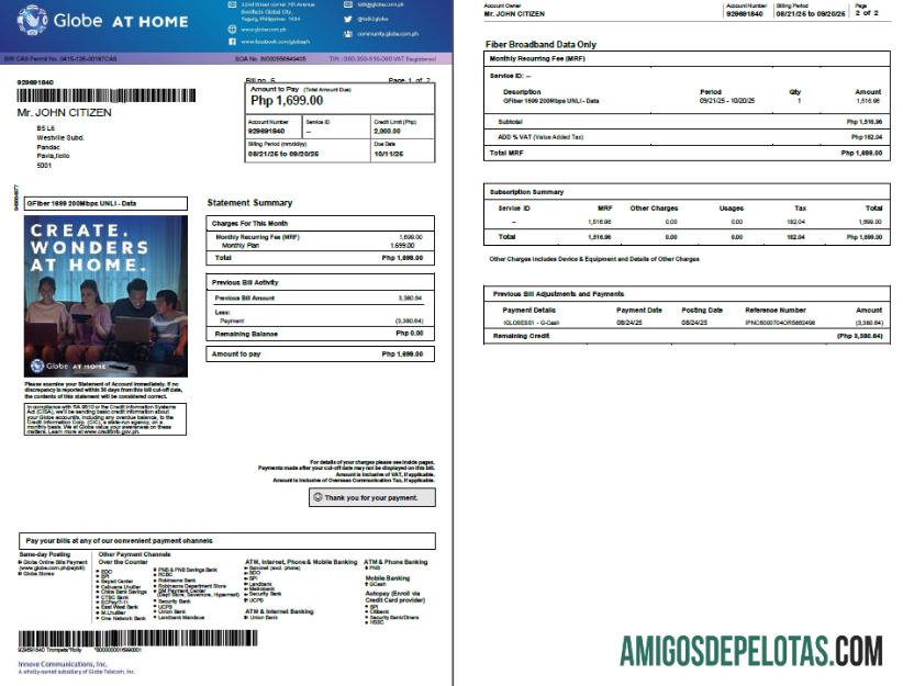 Dapat Diedit Filipina Globe myBusiness Tagihan Tagihan templat in Word and PDF format, 2 pages, versi 2