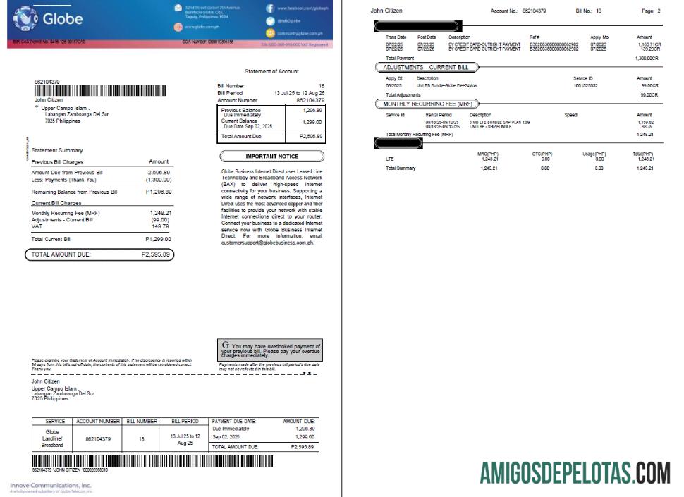 Profesional Filipina Globe Tagihan Tagihan templat in Word and PDF format, 2 pages