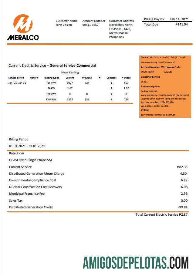 Premium Filipina Manila Electric Perusahaan (Meralco) Listrik Tagihan Tagihan Word and PDF templat