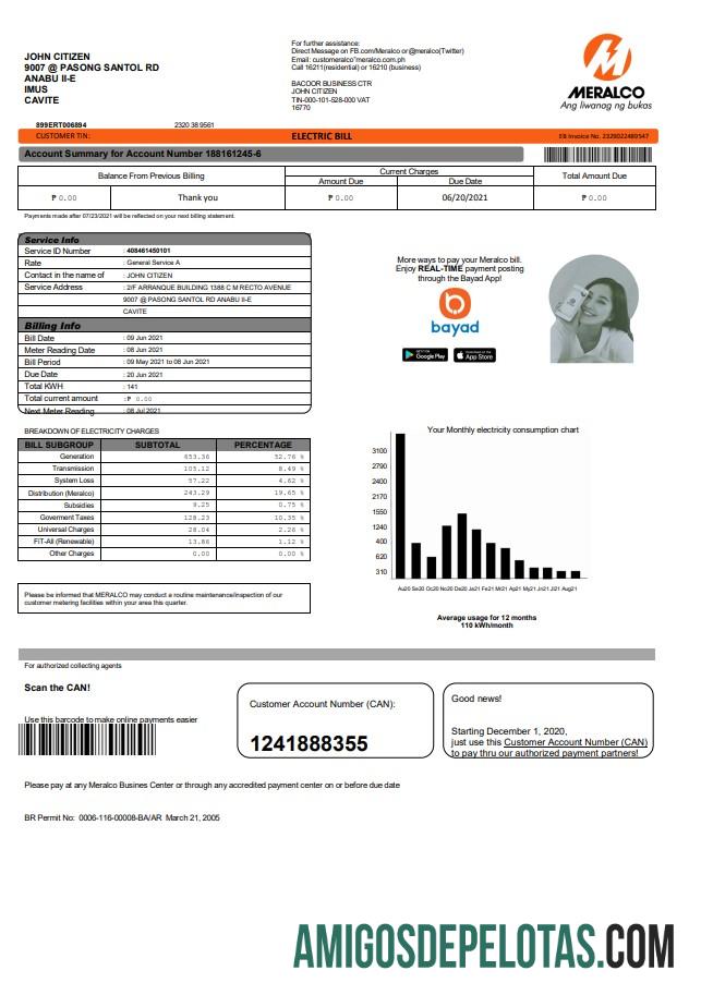 Berkualitas Filipina Meralco Listrik Tagihan Tagihan templat in Word and PDF format, versi 2