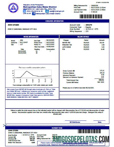 Dapat Diedit Filipina Metropolitan Cebu Air District Tagihan Tagihan templat in Word and PDF format, versi 2