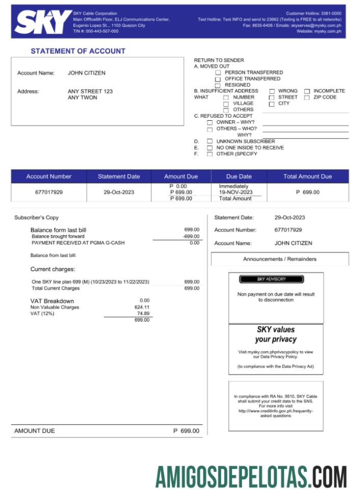 Realistis Filipina Sky Cable Corporation Tagihan Tagihan Word and PDF templat