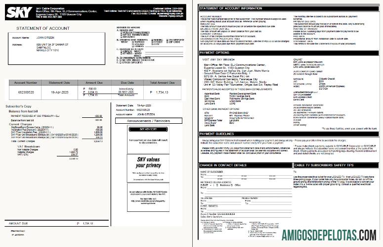 Profesional Filipina Sky Cable Corporation Tagihan Tagihan templat in Word and PDF format, 2 pages, versi 2