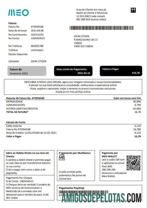 Premium Portugal MEO Tagihan Tagihan templat in Word and PDF format, fully Dapat Diedit