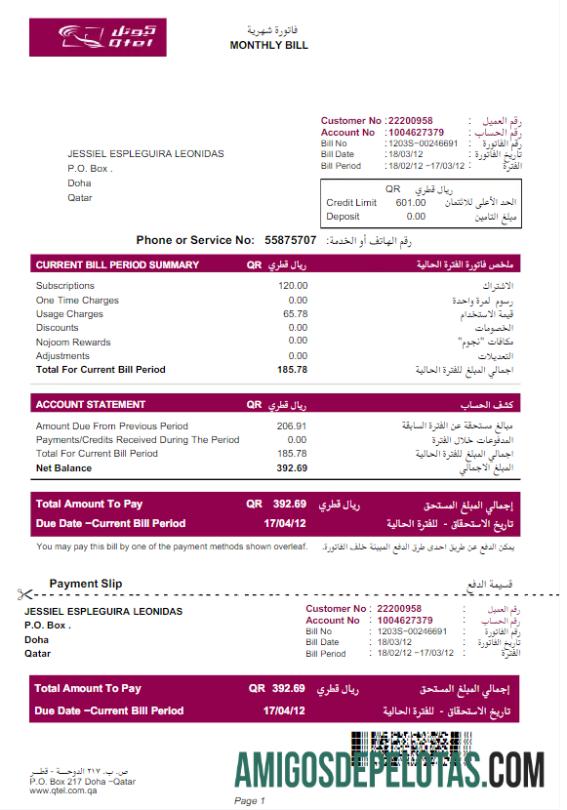 Berkualitas Qatar QTEL Tagihan Tagihan Word and PDF templat