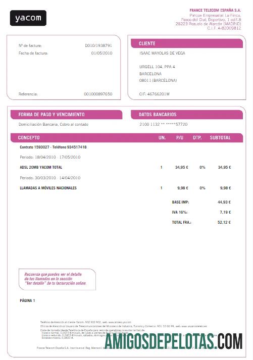 Berkualitas Spanyol YACOM Tagihan Tagihan Word and PDF templat