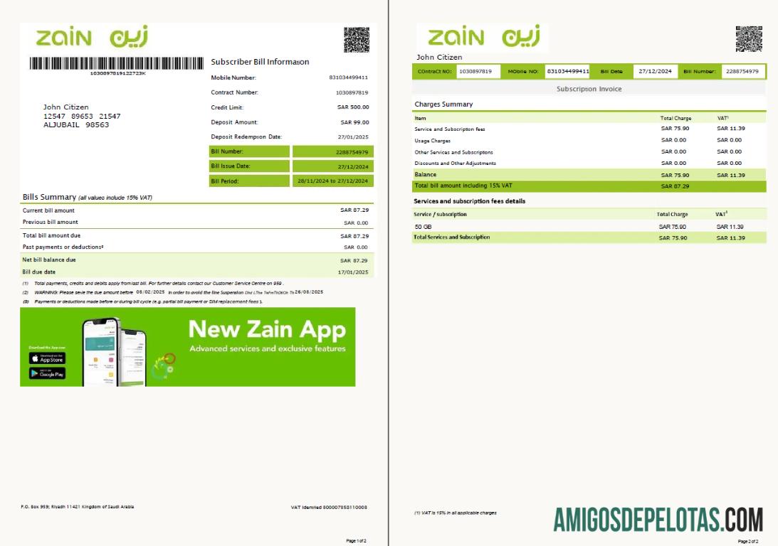 Profesional Arab Arab Saudi Zain Tagihan Tagihan templat in Word and PDF format, 2 pages, versi 2