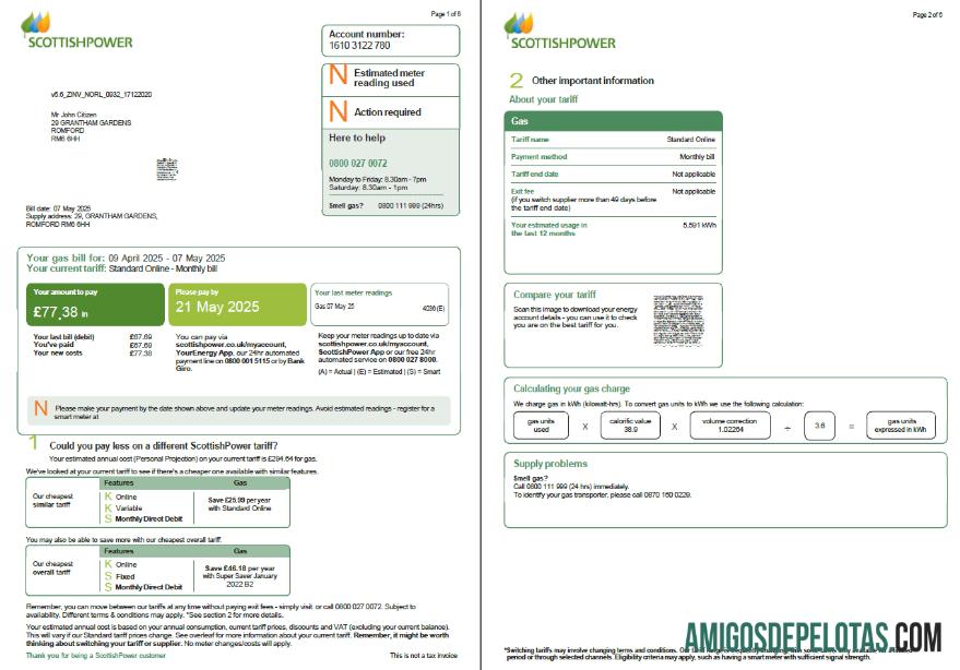 Profesional Skotlandia Scottish Power Tagihan Tagihan templat in Word and PDF format, 6 pages, 1 2 pages