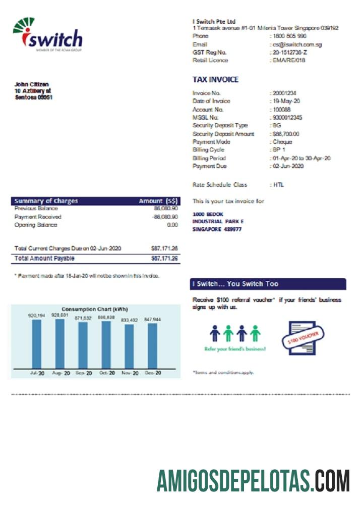Realistis Singapura I Switch Listrik Tagihan Tagihan templat in Word and PDF format
