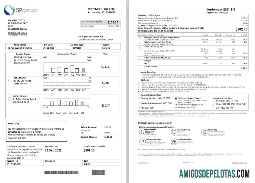 Dapat Diedit Singapura SP Group Tagihan Tagihan templat in Word and PDF format (2 pages)