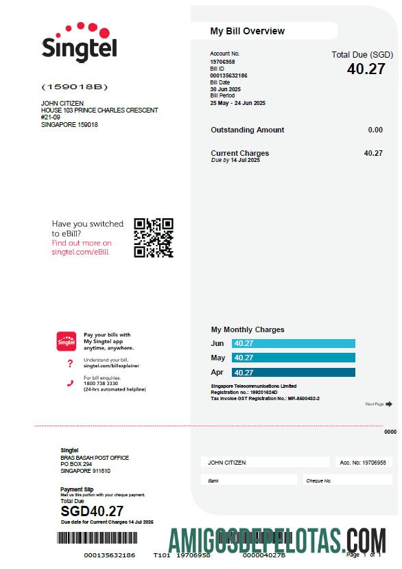 Premium Singapura Singtel Tagihan Tagihan templat in Word and PDF format